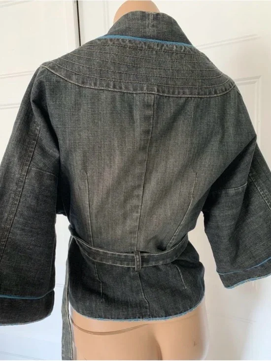 Washed Black Denim Wrap Jacket with Blue Piping - Picture 2 of 2